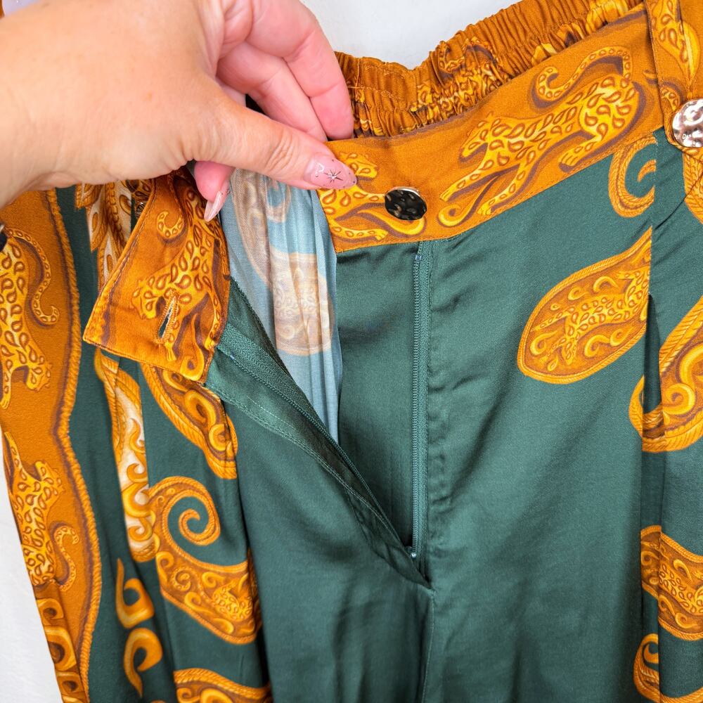 NWT Anthropologie Farm Rio Printed Wide Leg Green Gold Cheetah Satin Pants Med - Picture 6 of 15